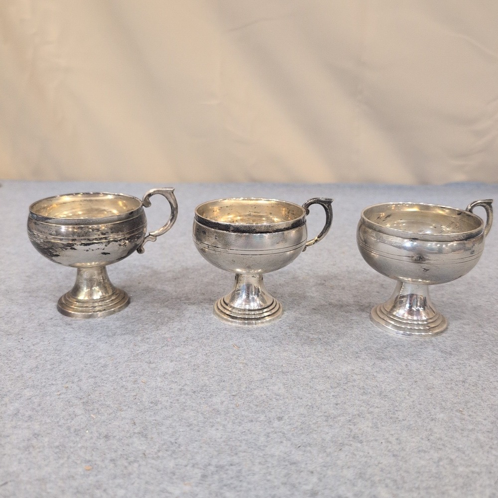 Vintage Silver Tone Pedestal Cups Set of 3‎ Made in India Ornate Scroll Handle